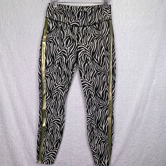 Fierce + Regal Black White Zebra Print Gold Stripe Workout Leggings Size Large - Picture 1 of 9
